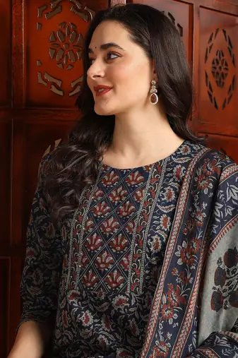 women blue pure cotton floral printed straight kurta trousers with dupatta