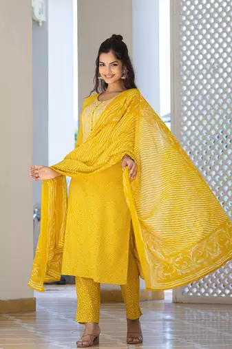 Bright Yellow Rayon Printed Cotton Kurta Set with Dupatta
