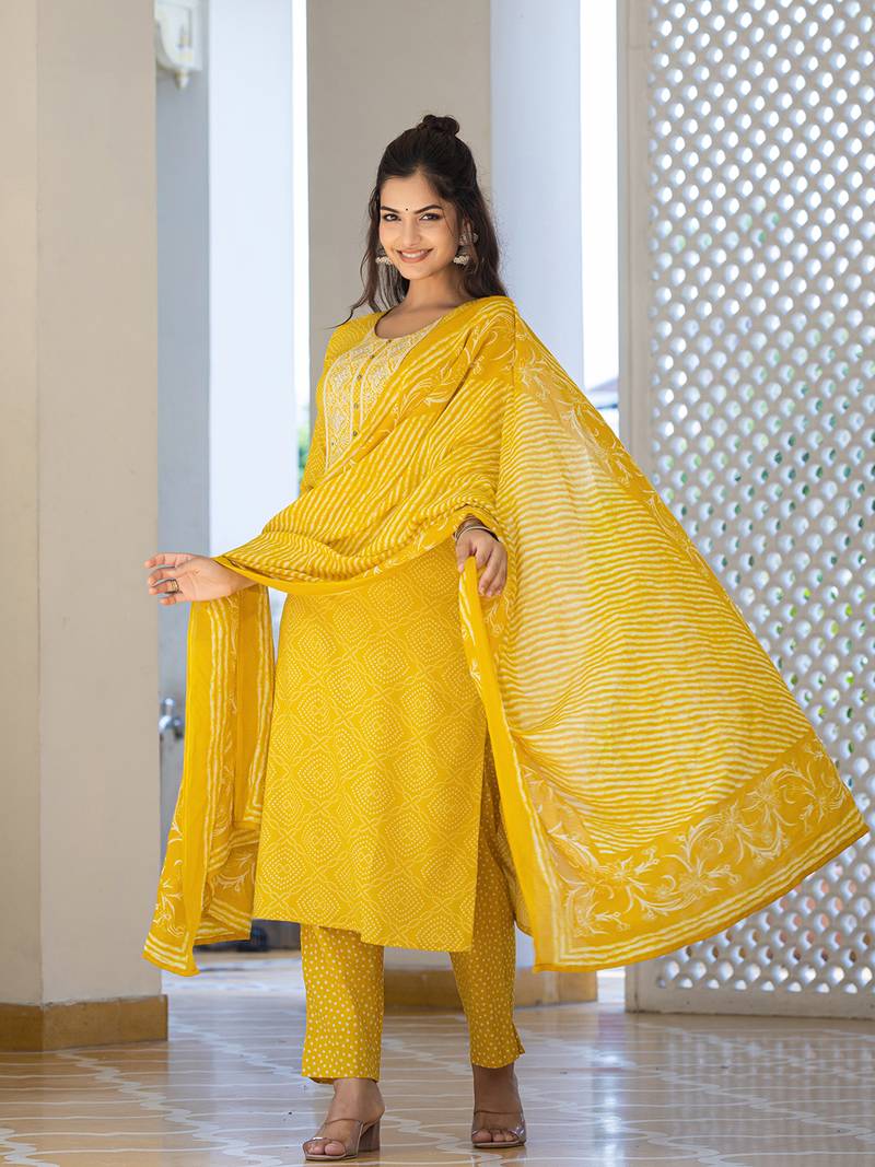 Bright Yellow Rayon Printed Cotton Kurta Set with Dupatta