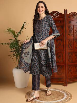 women blue pure cotton floral printed straight kurta trousers with dupatta 3