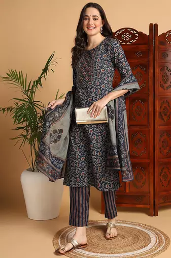 women blue pure cotton floral printed straight kurta trousers with dupatta