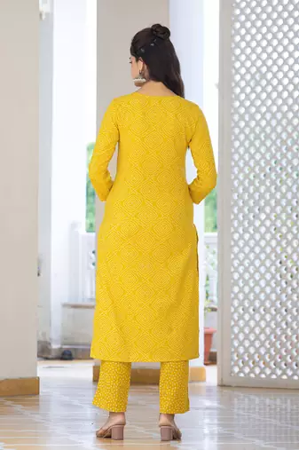 Bright Yellow Rayon Printed Cotton Kurta Set with Dupatta