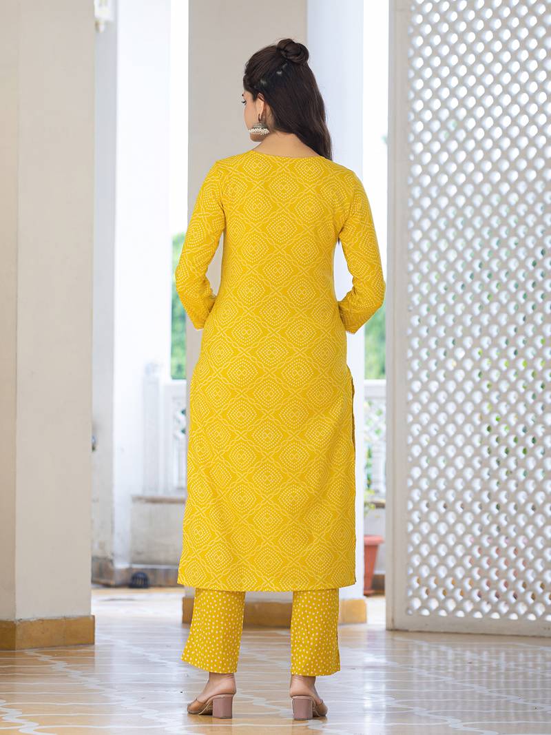 Bright Yellow Rayon Printed Cotton Kurta Set with Dupatta