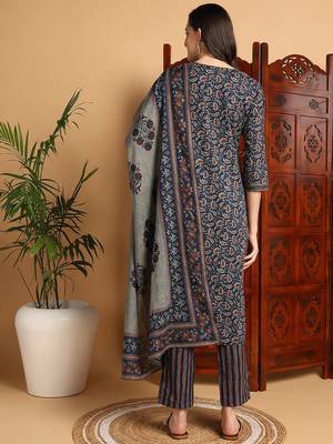 women blue pure cotton floral printed straight kurta trousers with dupatta 4