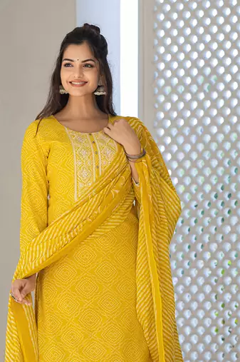 Bright Yellow Rayon Printed Cotton Kurta Set with Dupatta