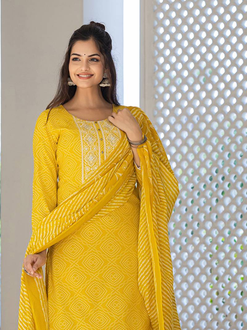 Bright Yellow Rayon Printed Cotton Kurta Set with Dupatta
