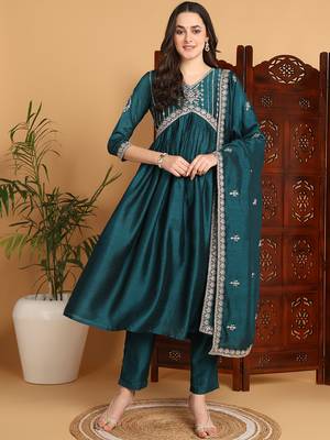 women green silk blend solid embroidered a-line kurta trousers with dupatta 1