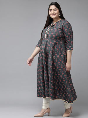 Women'S Plus Size Floral Printed Anarkali Kurti (Grey) 3
