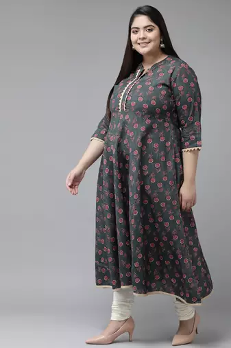 Women'S Plus Size Floral Printed Anarkali Kurti (Grey)