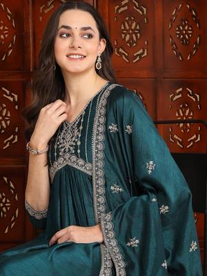 women green silk blend solid embroidered a-line kurta trousers with dupatta 2