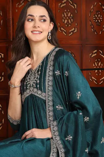 women green silk blend solid embroidered a-line kurta trousers with dupatta
