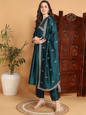 women green silk blend solid embroidered a-line kurta trousers with dupatta 3