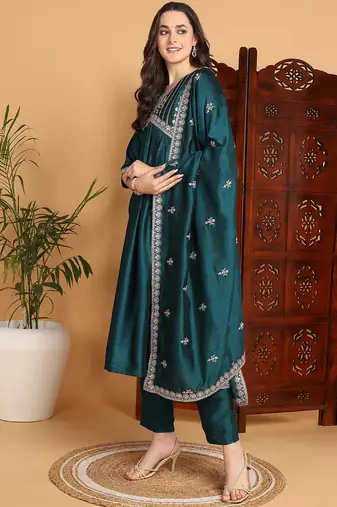 women green silk blend solid embroidered a-line kurta trousers with dupatta