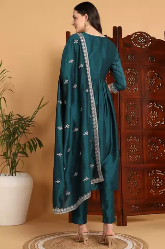 women green silk blend solid embroidered a-line kurta trousers with dupatta