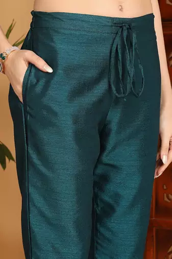 women green silk blend solid embroidered a-line kurta trousers with dupatta