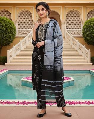 women black cotton blend floral yoke design straight kurta trousers with dupatta 1