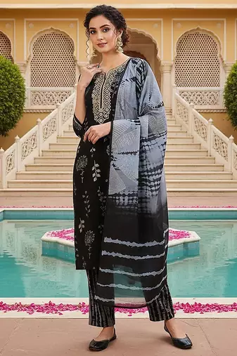 women black cotton blend floral yoke design straight kurta trousers with dupatta