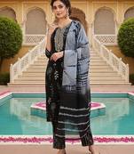women black cotton blend floral yoke design straight kurta trousers with dupatta
