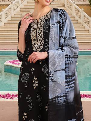 women black cotton blend floral yoke design straight kurta trousers with dupatta 2