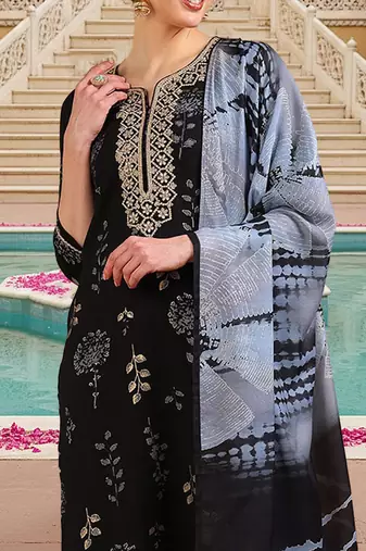 women black cotton blend floral yoke design straight kurta trousers with dupatta