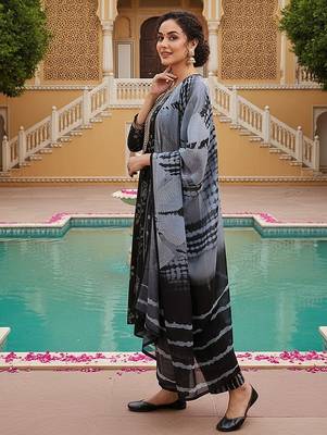 women black cotton blend floral yoke design straight kurta trousers with dupatta 3