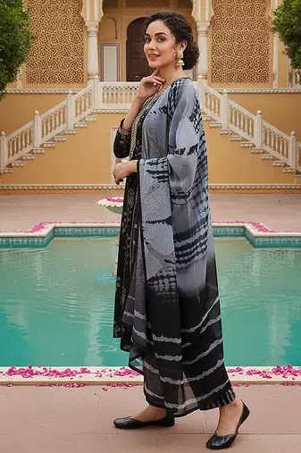 women black cotton blend floral yoke design straight kurta trousers with dupatta