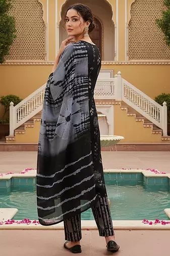 women black cotton blend floral yoke design straight kurta trousers with dupatta