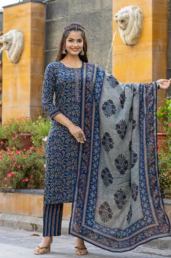 blue rayon blend floral embroidered straight kurta trousers with dupatta
