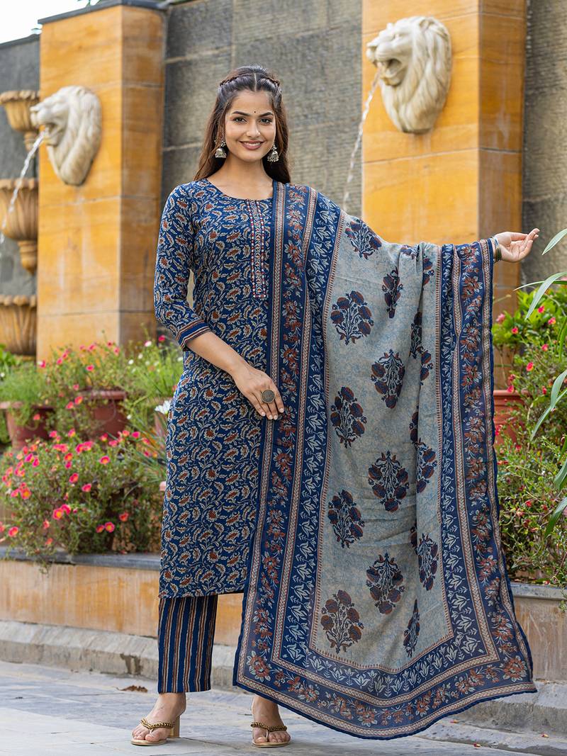 blue rayon blend floral embroidered straight kurta trousers with dupatta
