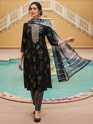 women black cotton blend floral yoke design straight kurta trousers with dupatta 5