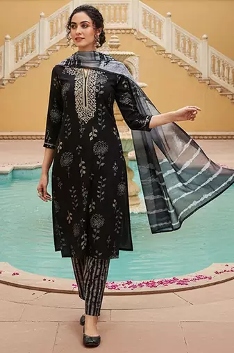 women black cotton blend floral yoke design straight kurta trousers with dupatta