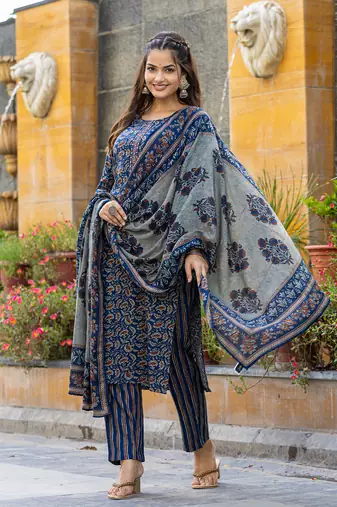 blue rayon blend floral embroidered straight kurta trousers with dupatta