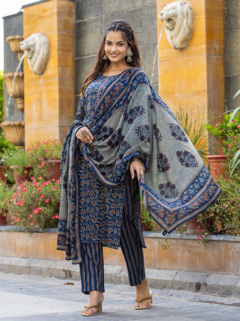 blue rayon blend floral embroidered straight kurta trousers with dupatta