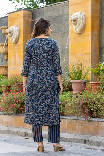 blue rayon blend floral embroidered straight kurta trousers with dupatta