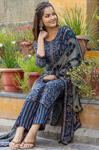 blue rayon blend floral embroidered straight kurta trousers with dupatta
