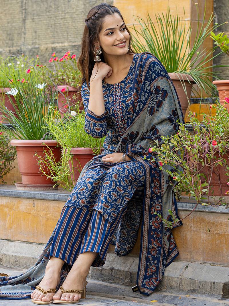 blue rayon blend floral embroidered straight kurta trousers with dupatta