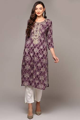 Women purple printed rayon ethnic kurti