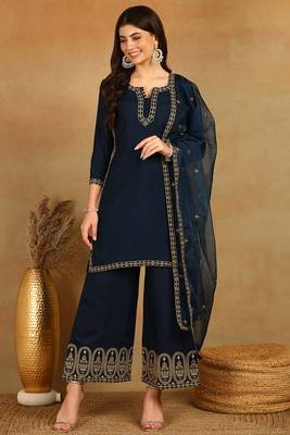 women blue silk blend solid embroidered straight kurta palazzos with dupatta 1