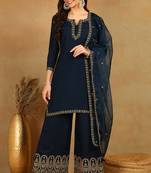 women blue silk blend solid embroidered straight kurta palazzos with dupatta