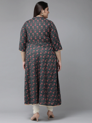 Women'S Plus Size Floral Printed Anarkali Kurti (Grey) 4
