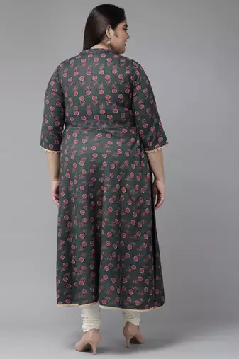 Women'S Plus Size Floral Printed Anarkali Kurti (Grey)