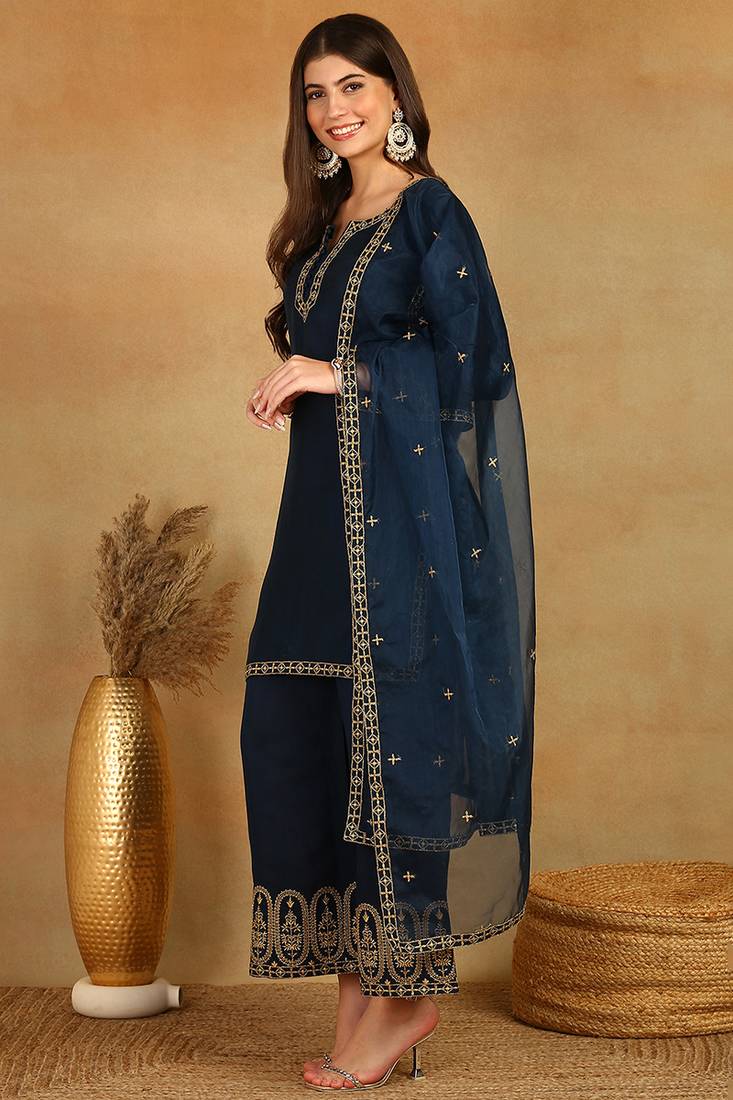 women blue silk blend solid embroidered straight kurta palazzos with dupatta