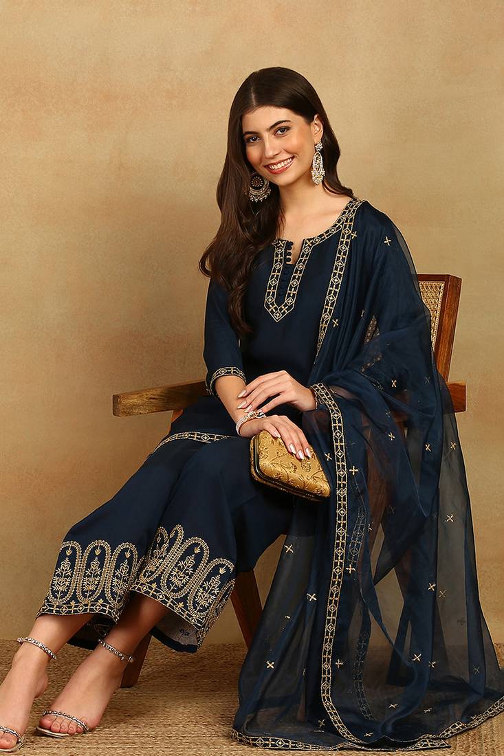 women blue silk blend solid embroidered straight kurta palazzos with dupatta