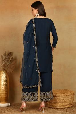 women blue silk blend solid embroidered straight kurta palazzos with dupatta 4