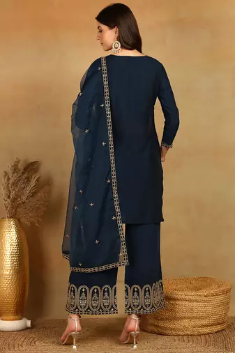 women blue silk blend solid embroidered straight kurta palazzos with dupatta