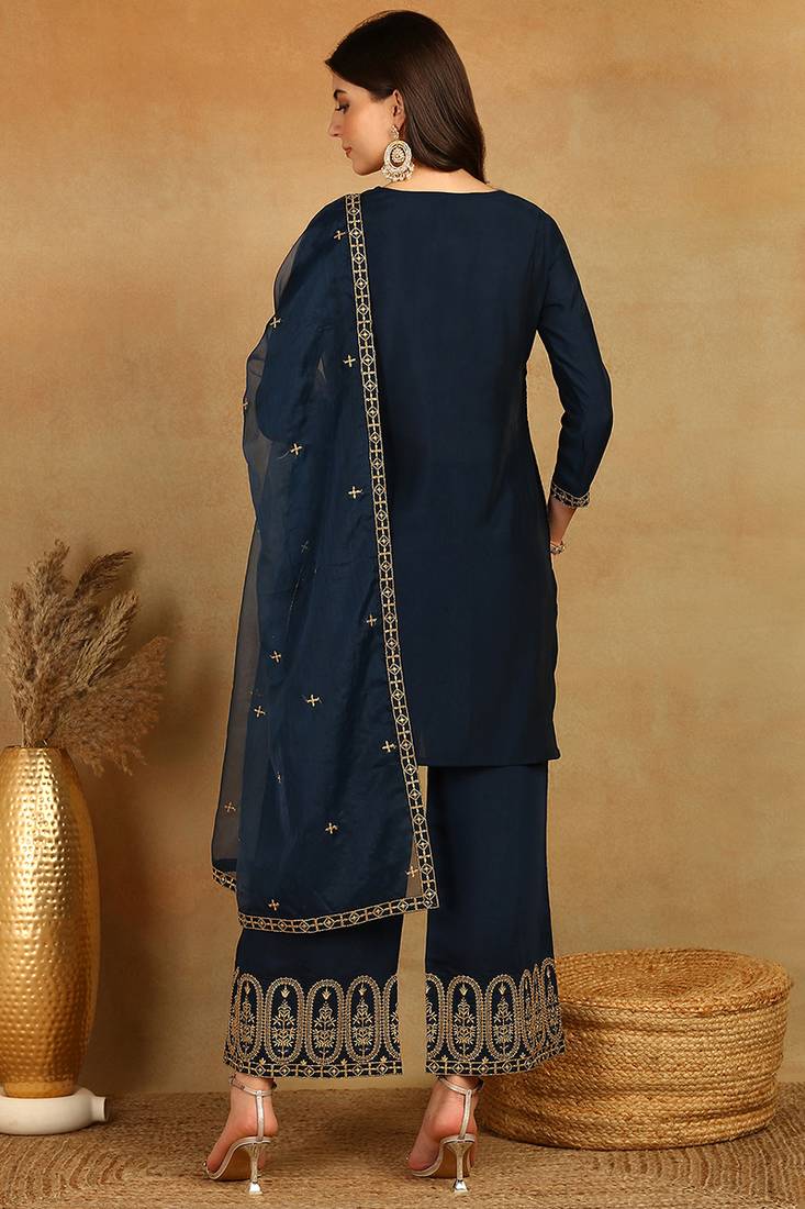 women blue silk blend solid embroidered straight kurta palazzos with dupatta