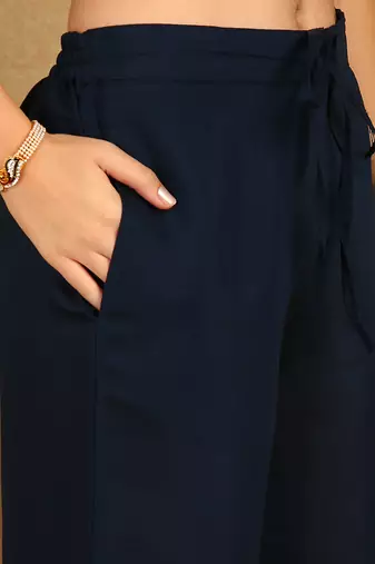 women blue silk blend solid embroidered straight kurta palazzos with dupatta