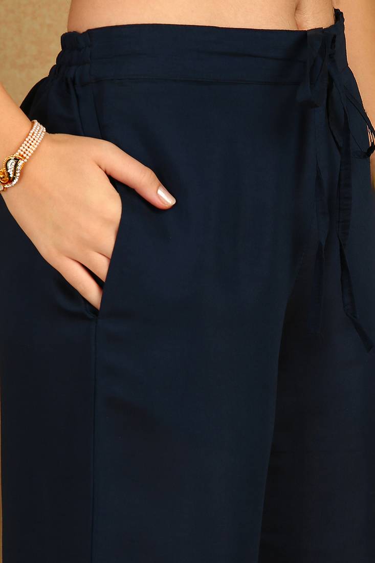 women blue silk blend solid embroidered straight kurta palazzos with dupatta