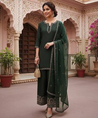 women green silk blend solid embroidered straight kurta palazzos with dupatta 1