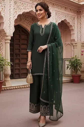 women green silk blend solid embroidered straight kurta palazzos with dupatta